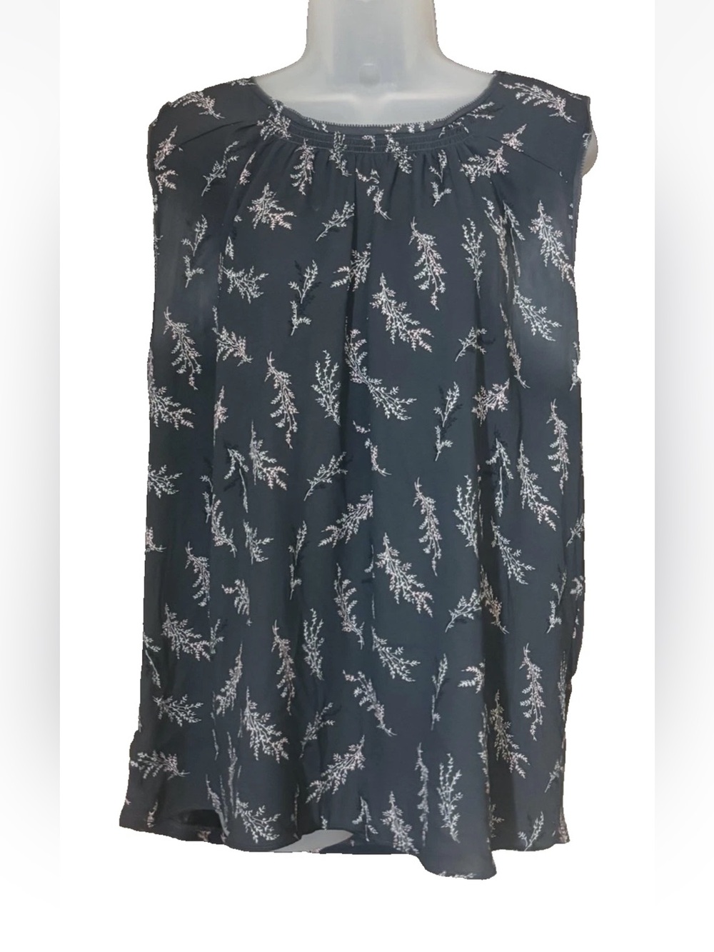 LOFT Womens Floral Pleated Neck Sleeveless Top Blouse Dark Gray Size XL Office